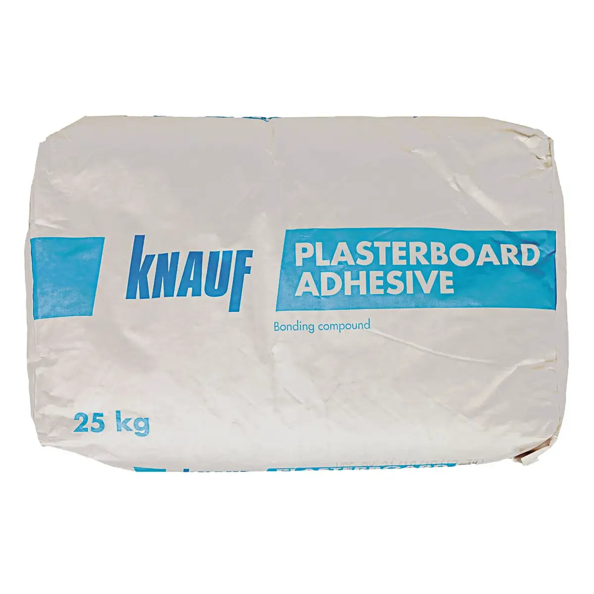 A 25 kg bag of Knauf Plasterboard Adhesive, featuring a white bag with blue branding and text on a white background.
