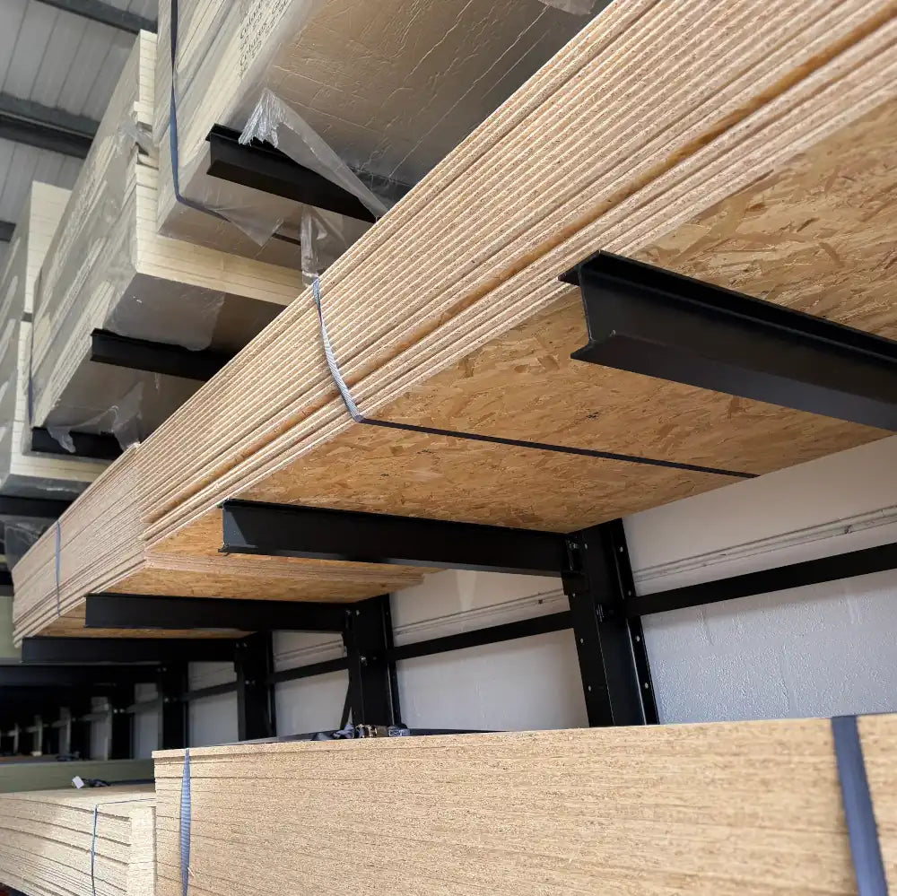 Warehouse in Nottingham with OSB boards for roof decking, wall sheathing, and heavy-duty flooring.