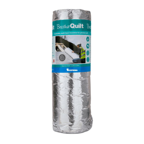 Roll of Soprema breather quilt insulation with packaging on a white background
